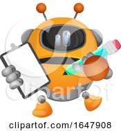 Poster, Art Print Of Orange Cyborg Robot Mascot Character Holding A Clipboard And Pencil