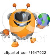Poster, Art Print Of Orange Cyborg Robot Mascot Character Holding A Globe