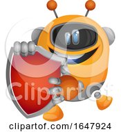 Poster, Art Print Of Orange Cyborg Robot Mascot Character Holding A Shield