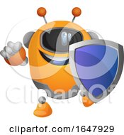 Poster, Art Print Of Orange Cyborg Robot Mascot Character Holding A Blue Shield