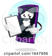 Cell Phone Mascot Character Pointing To A Clipboard