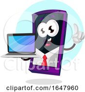 Poster, Art Print Of Business Cell Phone Mascot Character Holding A Laptop