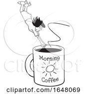 Cartoon Black And White Woman Diving Into A Giant Coffee Mug