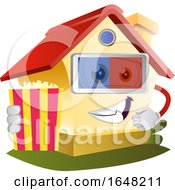 Home Mascot Character Holding A Popcorn Bucket And Wearing 3d Movie Glasses