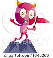 Devil Mascot Character Holding A Flag On A Mountain Top