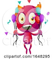 Poster, Art Print Of Devil Mascot Character Holding Party Balloons