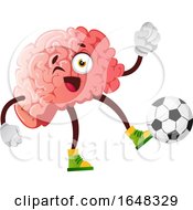 Poster, Art Print Of Brain Character Mascot Playing Soccer