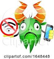 Cartoon Green Monster Mascot Character Holding A Cell Phone And No Signal Sign