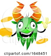 Cartoon Green Monster Mascot Character Holding Coins