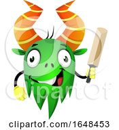 Cartoon Green Monster Mascot Character Holding A Cricket Bat