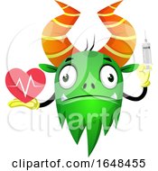 Poster, Art Print Of Cartoon Green Monster Mascot Character Holding A Syringe And Heart