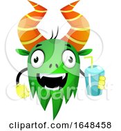 Cartoon Green Monster Mascot Character Holding A Drink