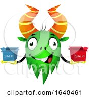 Cartoon Green Monster Mascot Character Holding Sale Boxes