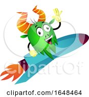 Cartoon Green Monster Mascot Character On A Rocket