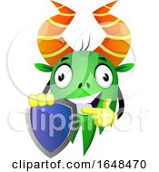 Poster, Art Print Of Cartoon Green Monster Mascot Character Holding A Shield