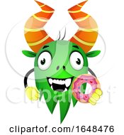 Poster, Art Print Of Cartoon Green Monster Mascot Character Holding A Donut