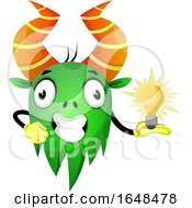 Poster, Art Print Of Cartoon Green Monster Mascot Character Holding An Idea Light Bulb
