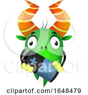 Poster, Art Print Of Cartoon Green Monster Mascot Character Holding A Battery