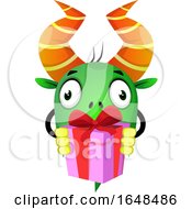 Poster, Art Print Of Cartoon Green Monster Mascot Character Holding A Gift