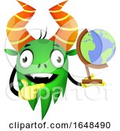 Poster, Art Print Of Cartoon Green Monster Mascot Character Holding A Desk Globe