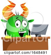 Poster, Art Print Of Cartoon Green Monster Mascot Character At A Desk