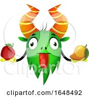 Poster, Art Print Of Cartoon Green Monster Mascot Character Holding Fruit