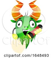 Poster, Art Print Of Cartoon Green Monster Mascot Character Holding A Flashlight