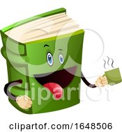 Green Book Mascot Character Holding A Coffee Cup