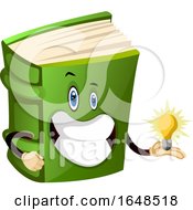 Green Book Mascot Character Holding A Bright Idea Light Bulb