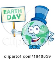 Poster, Art Print Of Cartoon Happy Earth Mascot Wearing A Hat And Bow And Holding A Sign