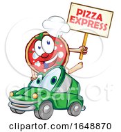 Poster, Art Print Of Cartoon Pizza Mascot Holding An Express Sign Over A Car