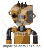 Poster, Art Print Of Yellowish Droid With Mechanical Head And Square Mouth And Black Glowing Red Eyes And Three Dark Spikes