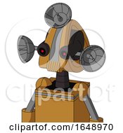 Poster, Art Print Of Yellowish Droid With Droid Head And Speakers Mouth And Black Glowing Red Eyes And Radar Dish Hat