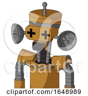 Poster, Art Print Of Yellowish Droid With Vase Head And Dark Tooth Mouth And Plus Sign Eyes And Single Antenna