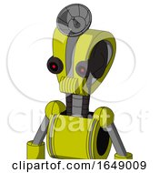 Poster, Art Print Of Yellow Robot With Droid Head And Speakers Mouth And Black Glowing Red Eyes And Radar Dish Hat