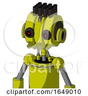 Poster, Art Print Of Yellow Robot With Multi-Toroid Head And Pipes Mouth And Black Glowing Red Eyes And Pipe Hair