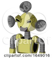 Poster, Art Print Of Yellow Robot With Rounded Head And Dark Tooth Mouth And Angry Eyes And Radar Dish Hat