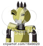 Poster, Art Print Of Yellow Robot With Rounded Head And Teeth Mouth And Angry Eyes And Three Dark Spikes