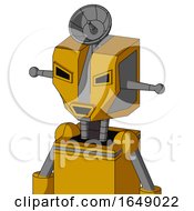 Poster, Art Print Of Yellow Robot With Mechanical Head And Happy Mouth And Angry Eyes And Radar Dish Hat