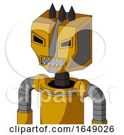 Poster, Art Print Of Yellow Robot With Mechanical Head And Square Mouth And Angry Eyes And Three Dark Spikes