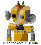 Poster, Art Print Of Yellow Robot With Mechanical Head And Black Glowing Red Eyes And Wire Hair