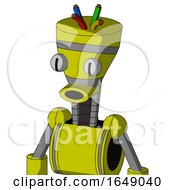 Yellow Robot With Vase Head And Round Mouth And Two Eyes And Wire Hair