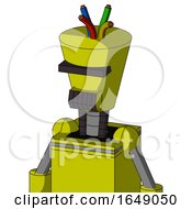 Poster, Art Print Of Yellow Robot With Cylinder-Conic Head And Dark Tooth Mouth And Black Visor Cyclops And Wire Hair