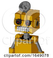 Yellow Robot With Cube Head And Keyboard Mouth And Black Glowing Red Eyes And Radar Dish Hat