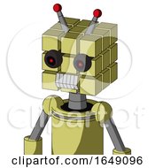 Poster, Art Print Of Yellow Robot With Cube Head And Teeth Mouth And Black Glowing Red Eyes And Double Led Antenna