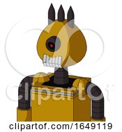 Poster, Art Print Of Yellow Droid With Rounded Head And Teeth Mouth And Black Cyclops Eye And Three Dark Spikes