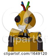 Poster, Art Print Of Yellow Droid With Rounded Head And Teeth Mouth And Black Glowing Red Eyes And Wire Hair