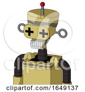 Poster, Art Print Of Yellow Droid With Vase Head And Teeth Mouth And Plus Sign Eyes And Single Led Antenna