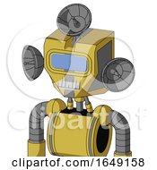 Poster, Art Print Of Yellow Droid With Mechanical Head And Teeth Mouth And Large Blue Visor Eye And Radar Dish Hat