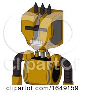 Poster, Art Print Of Yellow Droid With Mechanical Head And Teeth Mouth And Black Visor Cyclops And Three Dark Spikes